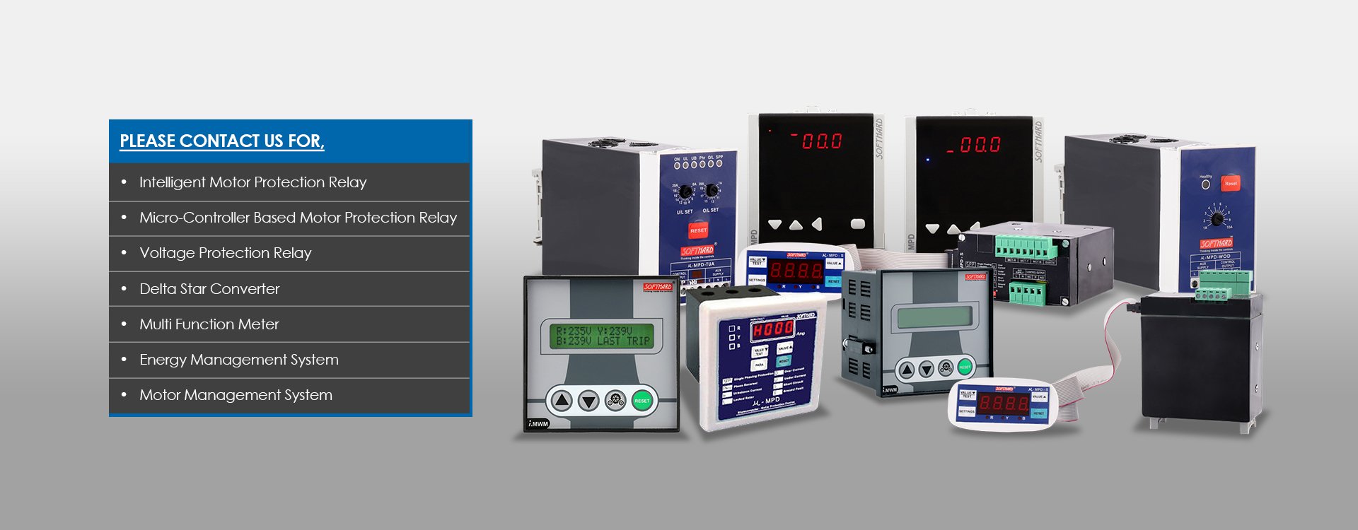 Advanced Microtech product family: digital and analogue motor protection relays, voltage protection relays, meters, and control modules